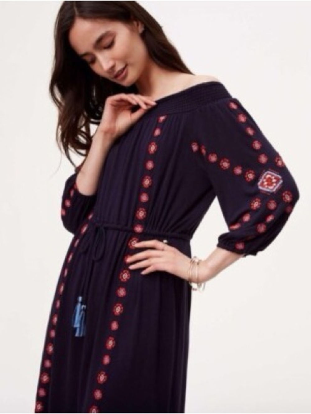 Navy Embroidered Peasant Dress with Tassel Waist